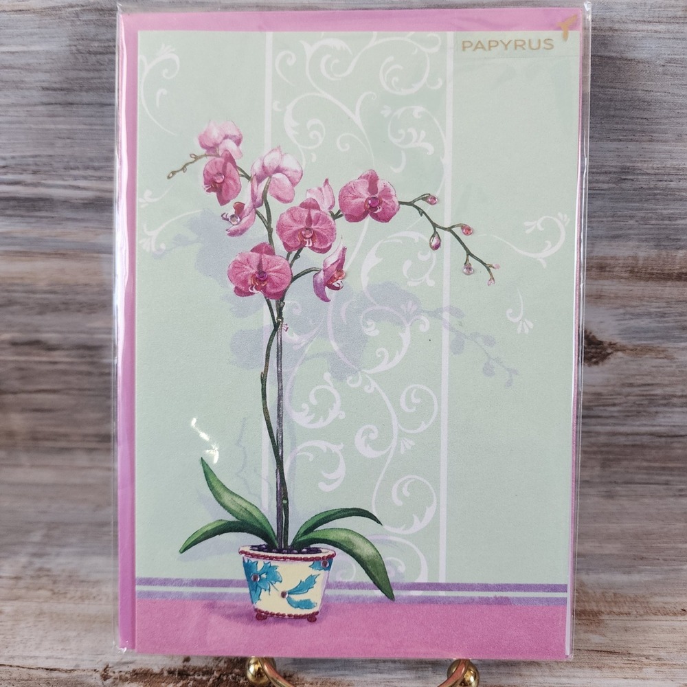 Papyrus Blank Greeting Card Pink Orchid Flower Gems Glitter Embellished 4443726